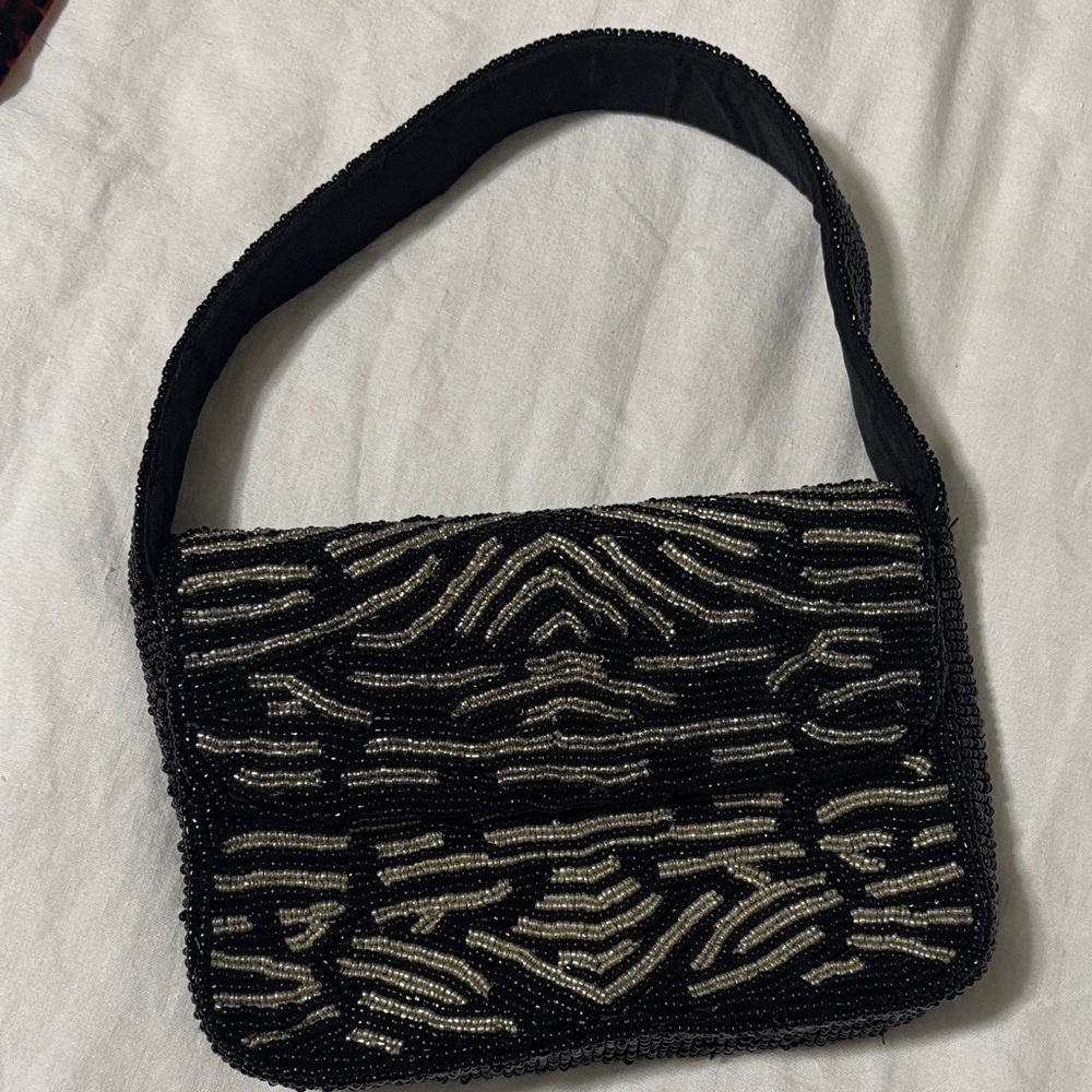 Black Beaded Evening Clutch with Silver Accents